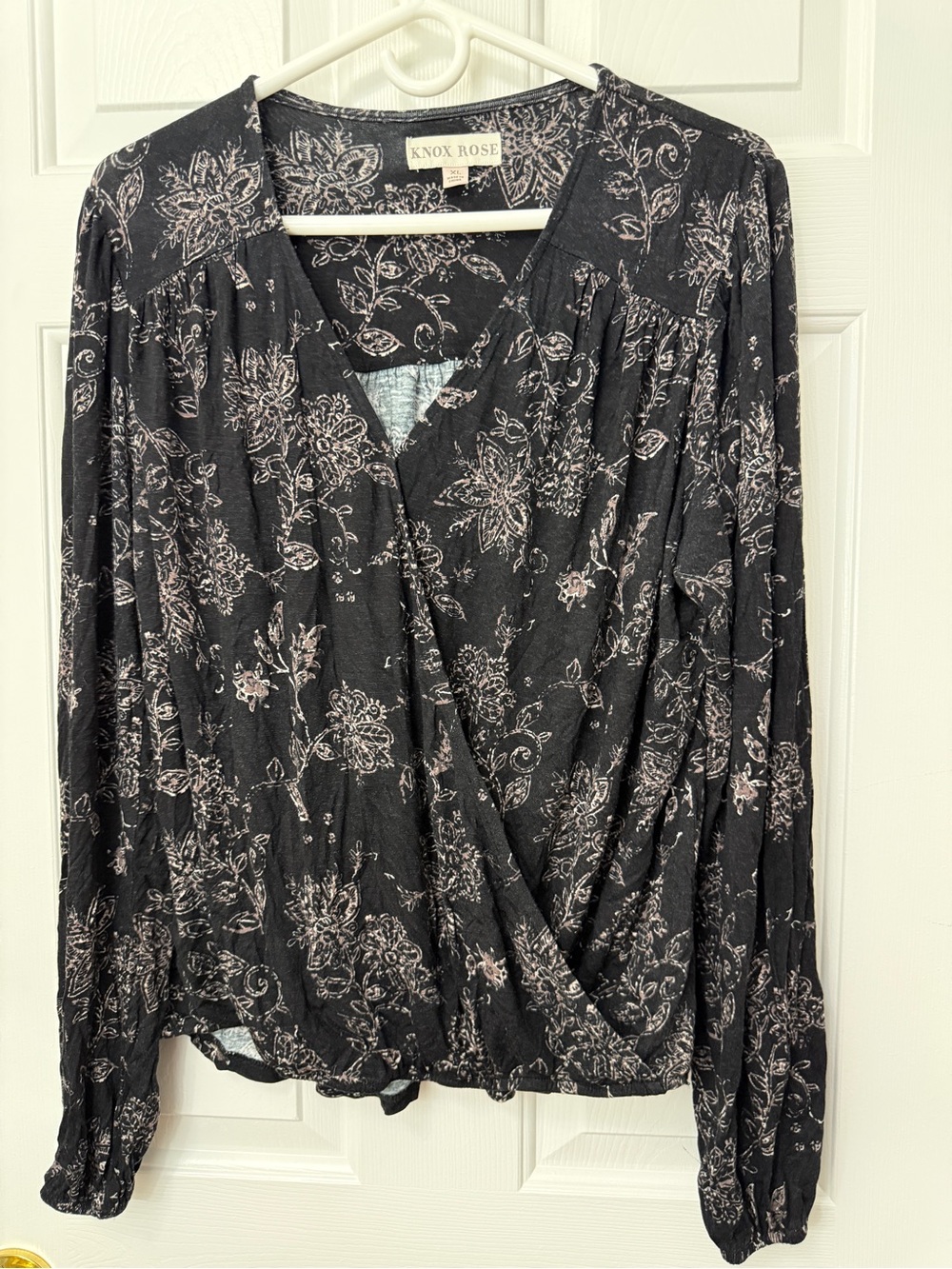 Knox Rose Black Floral Wrap Blouse with Pink Accents